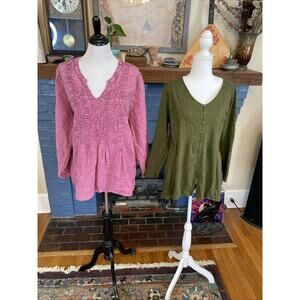 J.Jill 2X Lot Tunic Shirts 100% Linen/ Cotton Embroidered Boho Coldwater Creek